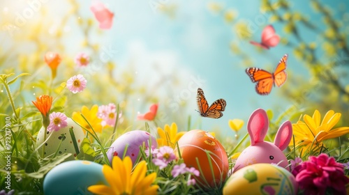 Colorful Easter Eggs in a Sunny Spring Meadow