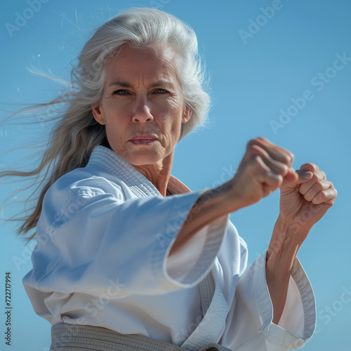 Active healthy older woman training karate kung fu photo