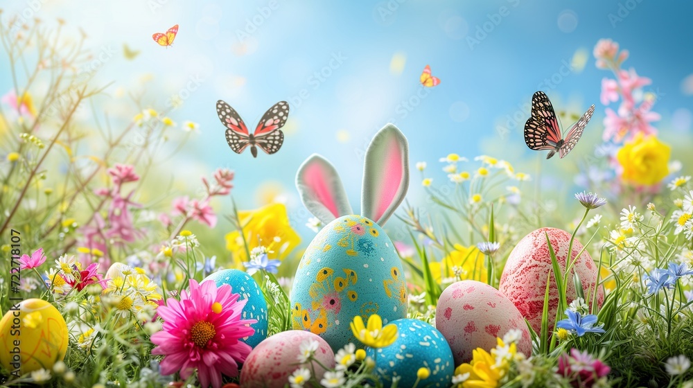 Colorful Easter Eggs in a Sunny Spring Meadow