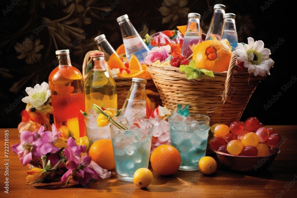 Easter Baskets Overflowing: Arrange drinks in overflowing Easter baskets for a bountiful display. Easter Baskets Overflowing: Arrange drinks in overflowing Easter baskets for a bountiful display.