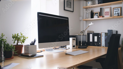  a computer monitor sitting on top of a wooden desk next to a keyboard and a monitor on top of a wooden desk.