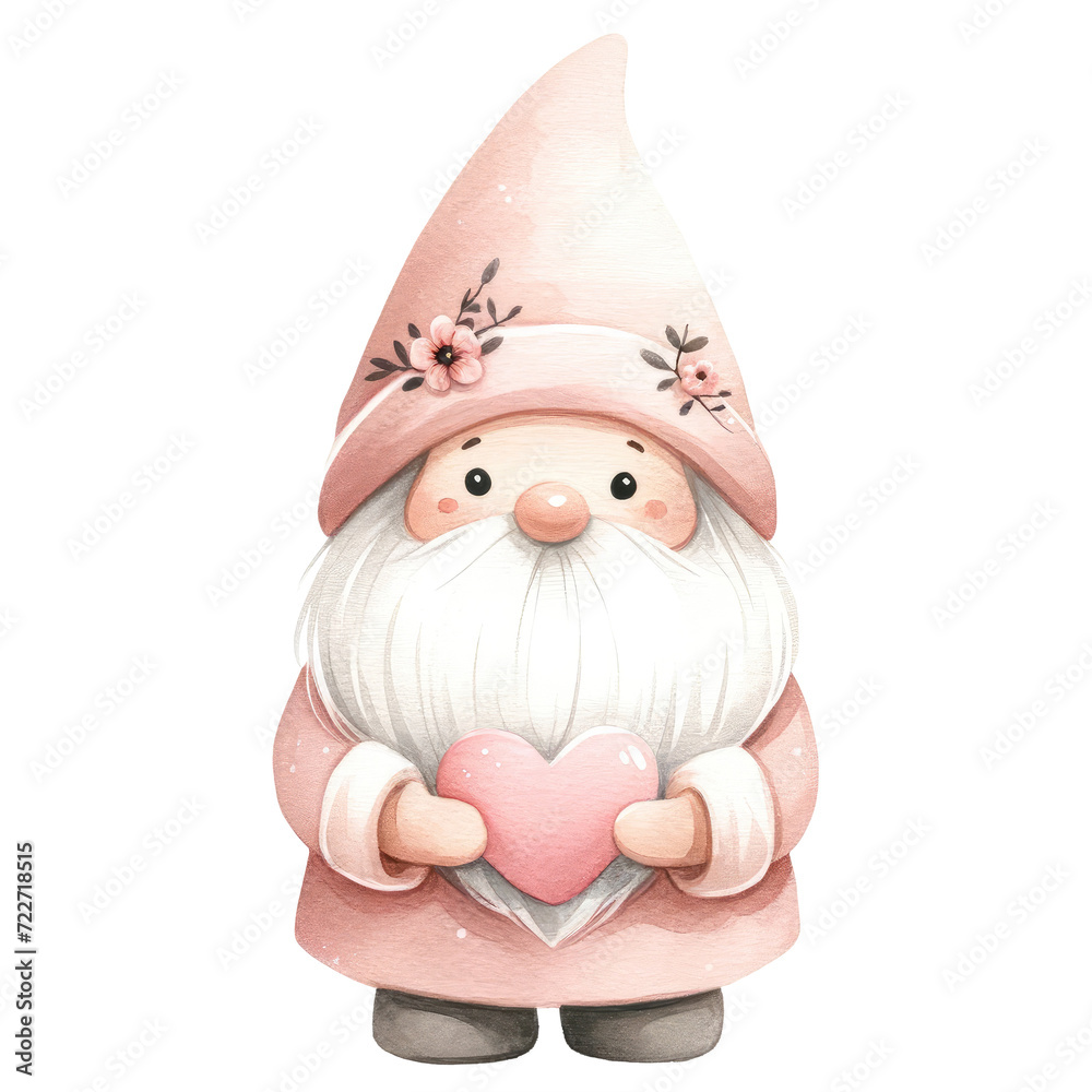 Fototapeta premium A charming illustration of a cute gnome with a pink dress in valentine's day.