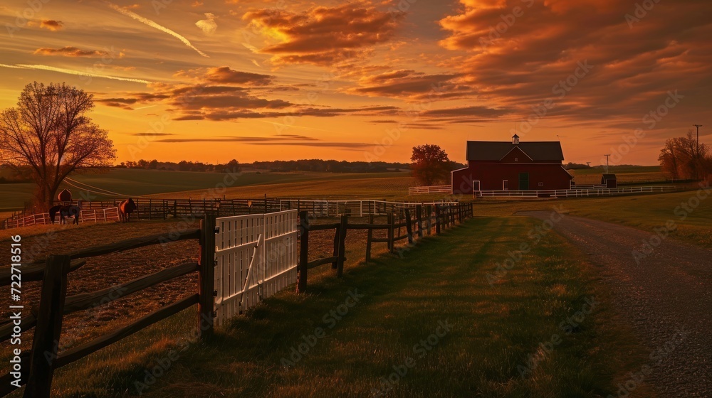  the sun is setting over a farm with a fence and a red barn on the other side of the road.