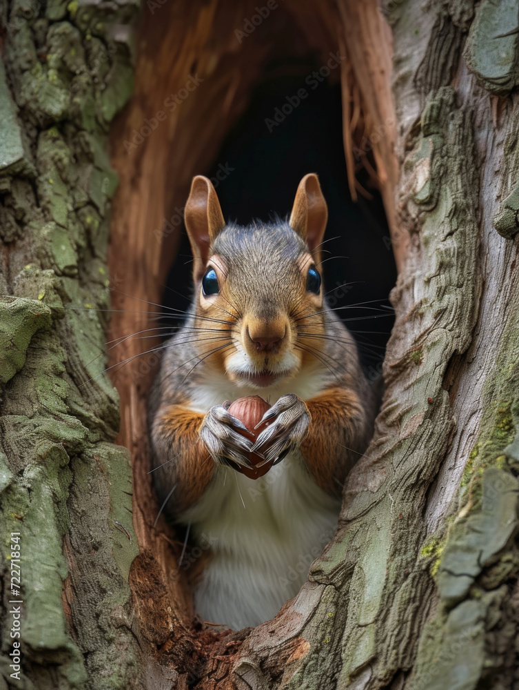 Squirrel holding a nut looking at the viewer from a hole in his tree Squirrel holding a nut looking at the viewer from a hole in his tree