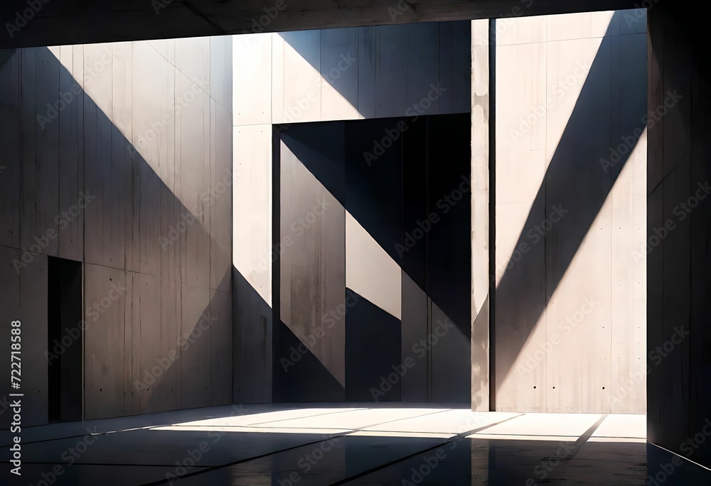 Obraz premium shadow minimalism, exposed concrete, minimalist design, warm, deserted, empty, scenery, architecture, gloomy, Abstract backgrounds. Generative AI. 
