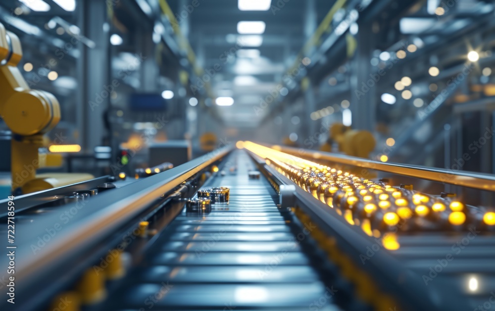 Yellow Industrial Robot Arm at Production Line at Modern Bright Factory. Yellow Industrial Robot Arm at Production Line at Modern Bright Factory.