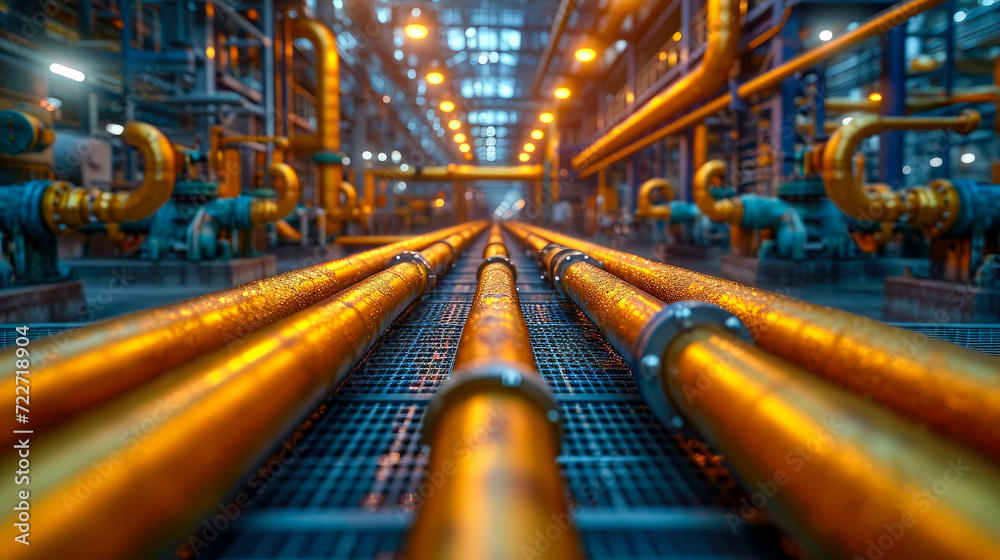 Industrial pipelines and cables in a factory. Industry background