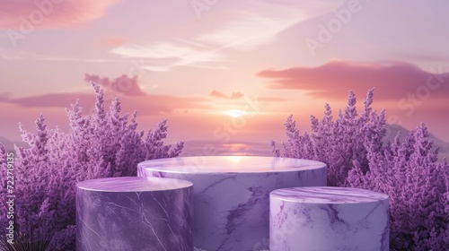 Purple Marble Ceramic Empty Podium Stone Display on a Spring Table with Lavender Flowers Background, Creating a Beautiful Stand for Beauty Presentations