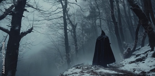 Solitary Figure in a Dark Forest, A Man Amidst Dead Trees, Engulfed by Eerie Silence.