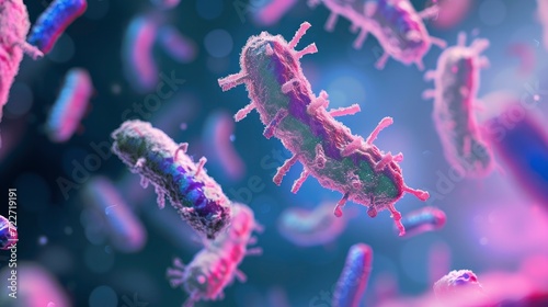 Microscopic Alien World, Intriguing Slide Image of Bacteria Under a Scientific Microscope © MdBaki