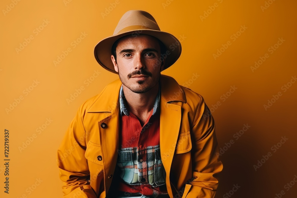Portrait of a handsome man in a yellow raincoat and hat Portrait of a handsome man in a yellow raincoat and hat