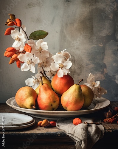  a plate with a bunch of pears and flowers sitting on a table next to a plate with a plate on it.