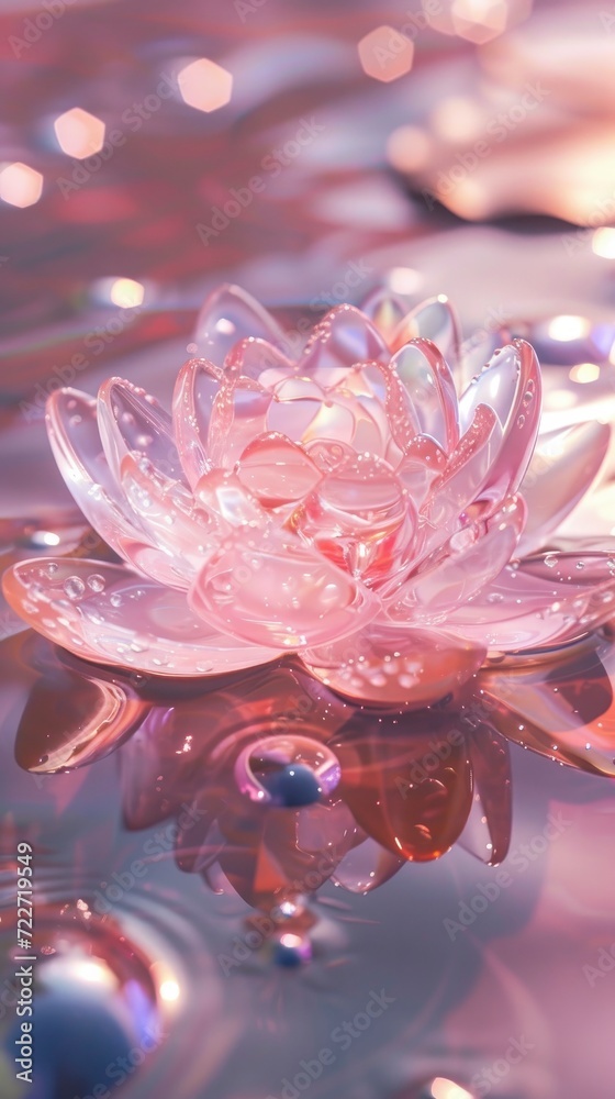 Pearl and Transparent Crystal Lotus Flower, Serenity Floating in a Pool of Water. Pearl and Transparent Crystal Lotus Flower, Serenity Floating in a Pool of Water.