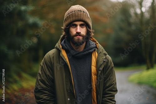 Portrait of a handsome bearded man in a warm jacket and hat. © Inigo
