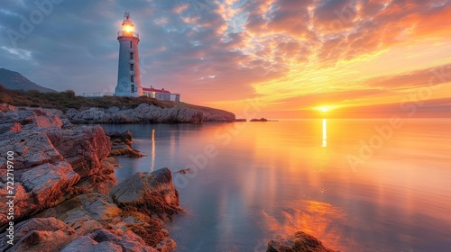  a light house sitting on top of a cliff next to a body of water with a sunset in the background.