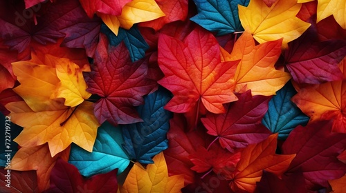 Multicolor autumn leaves on the ground  beautiful falling leaves in rainbow color. Created with Generative AI