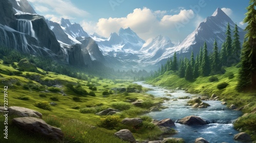 Fantastic mountain landscape with a river. Generative AI
