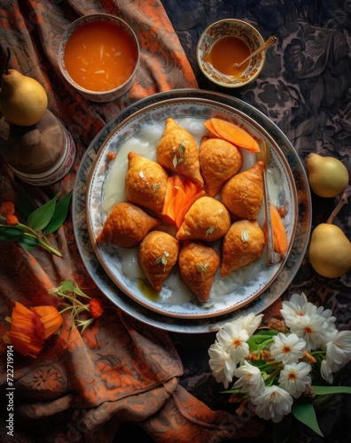  a plate of food sitting on top of a table next to a bowl of soup and a vase of flowers.