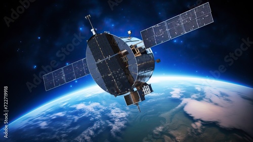 Telecom communication satellite orbiting around the globe