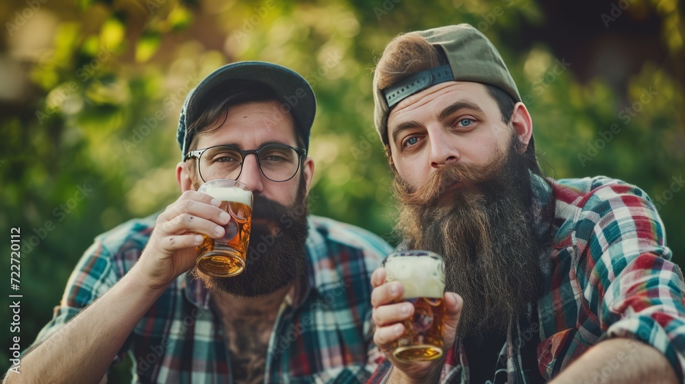 Fototapeta premium two bearded buddy's mates drinking pint of dark beer on the fresh air 