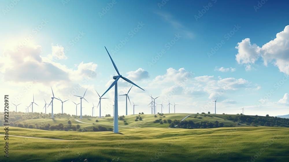 Obraz premium Windmills turbines in a natural field for wind generation