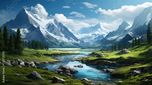 Fantastic mountain landscape with a river. Generative AI © wellyans