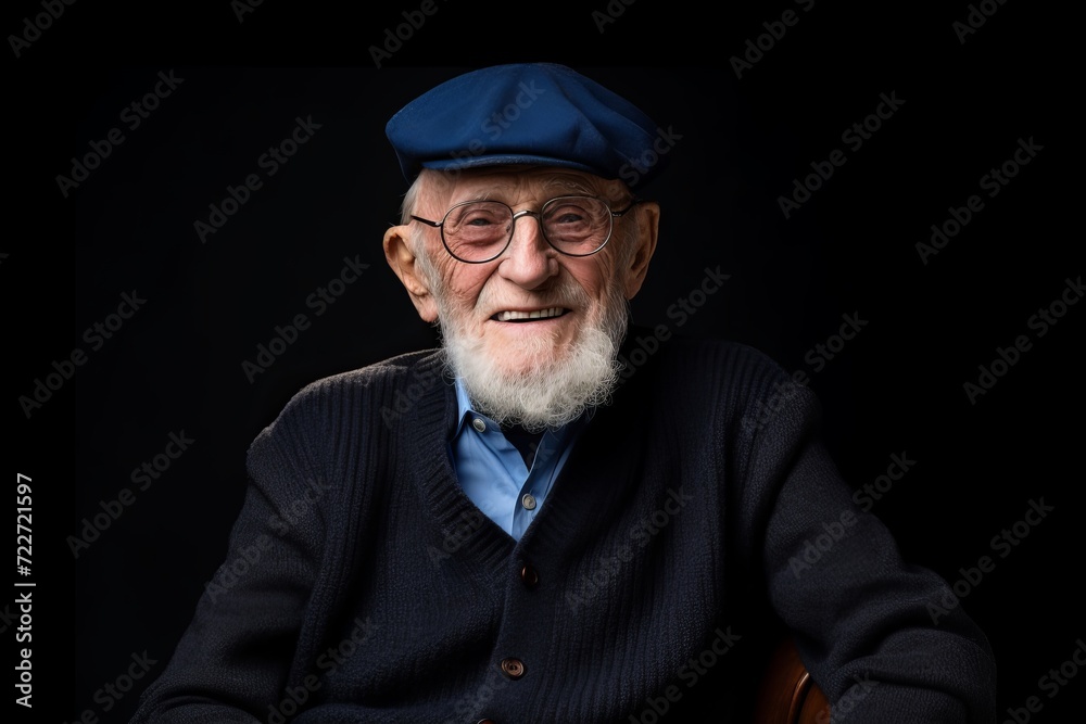 Portrait of an elderly man with a gray beard in a blue cap and glasses on a black background. Portrait of an elderly man with a gray beard in a blue cap and glasses on a black background.