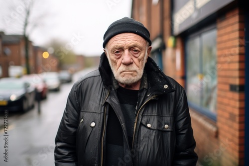 Portrait of an old man in a black leather jacket on a city street.