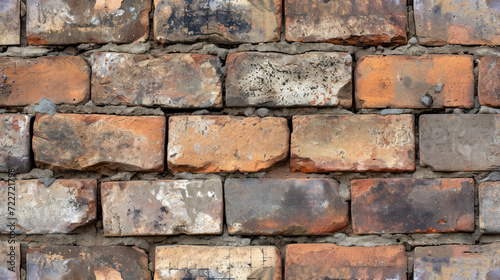  a close up of a brick wall made of small bricks with rusted paint and chipped paint on it.