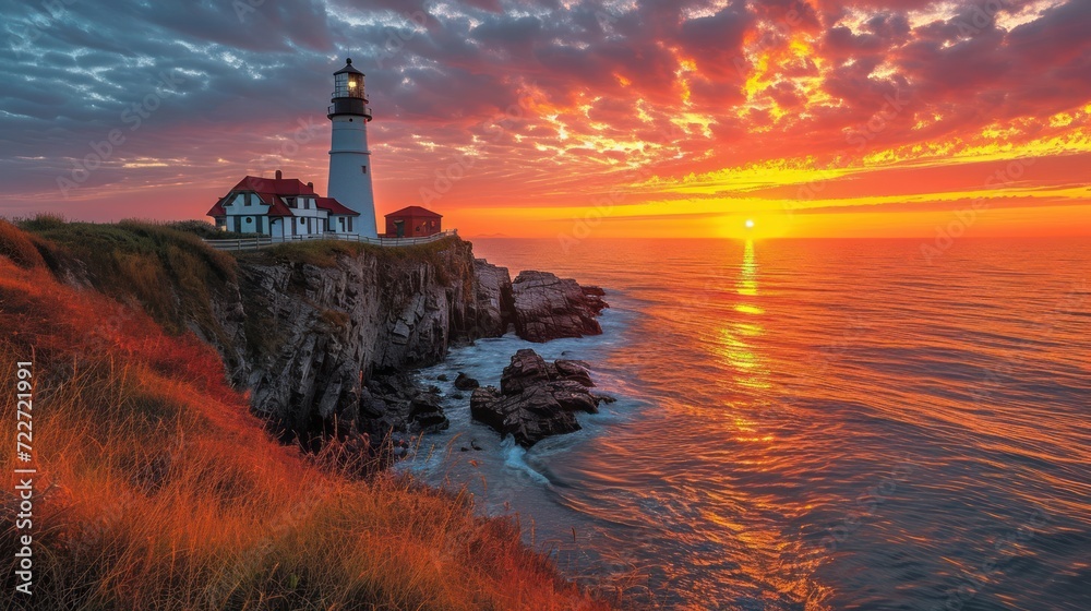  a lighthouse sitting on top of a cliff next to a body of water with the sun setting in the background.