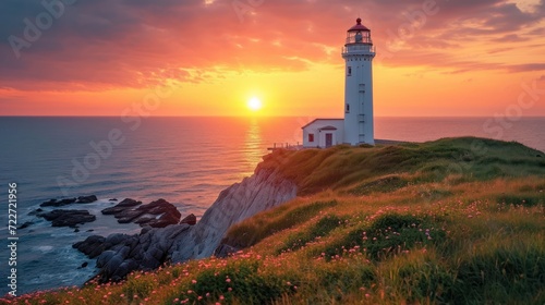  a light house sitting on top of a cliff next to a body of water with a sunset in the background.