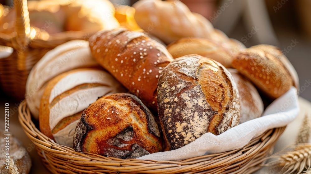 a basket filled with loaves of bread next to a pile of other loaves of loaves of bread. a basket filled with loaves of bread next to a pile of other loaves of loaves of bread.