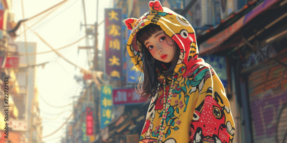 Fototapeta premium a young girl is wearing a colorful hoodie, generative AI