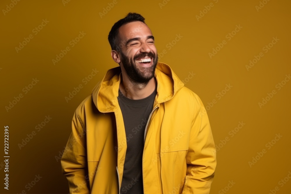 Portrait of a smiling man in a yellow jacket on a yellow background Portrait of a smiling man in a yellow jacket on a yellow background