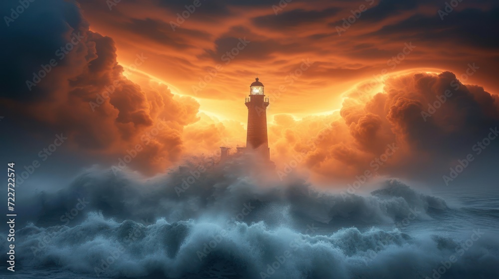  a lighthouse in the middle of a large body of water with a sky filled with clouds and sun shining through the clouds.