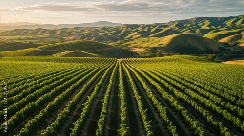  an aerial view of a green field with hills in the background and a blue sky with a few clouds in the distance.