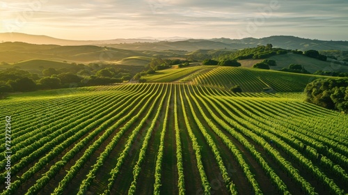 Wallpaper Mural  an aerial view of a large field of crops with mountains in the background and a sunset in the foreground. Torontodigital.ca