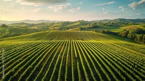  an aerial view of a vineyard in a green valley with rolling hills in the distance and a blue sky with wispy clouds.