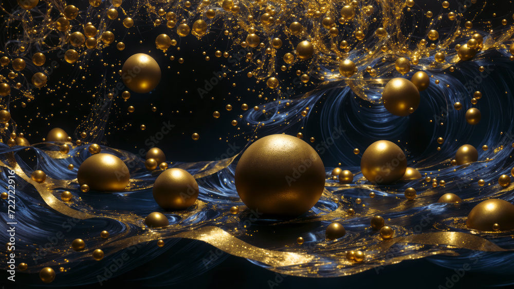 Fototapeta premium Golden balls on blue waves. AI