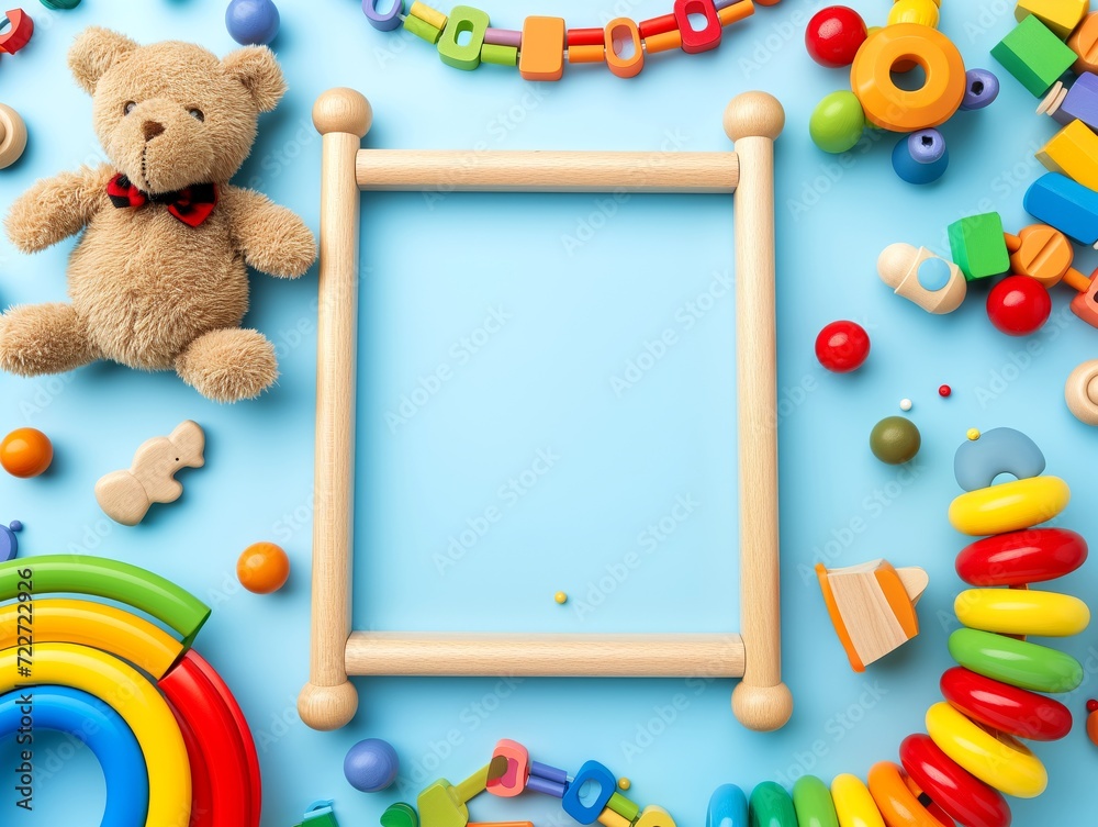A collection of baby toys. Room for copy. Greeting card or announcement card concept.