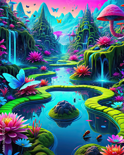 Psychedelic Dreamscapes - Ultra-realistic 8K digital art with diverse abstract shapes, insects, and water bodies in a vibrant landscape Gen AI photo