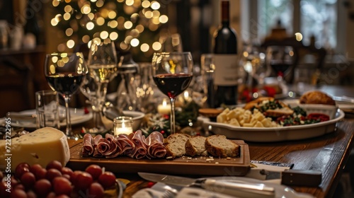  a wooden table topped with plates of food and glasses of wine next to a christmas tree with lights in the background.