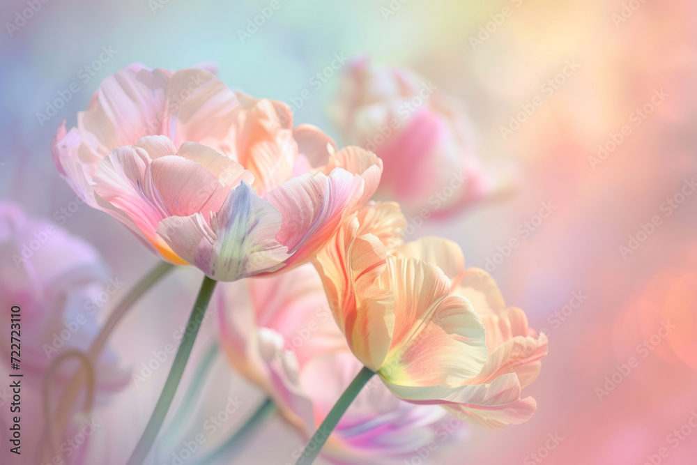 Dreamy and artistic floral background: close-up of colorful  tulips composition with soft and gentle hues background, pestle color theme, bokeh effect...