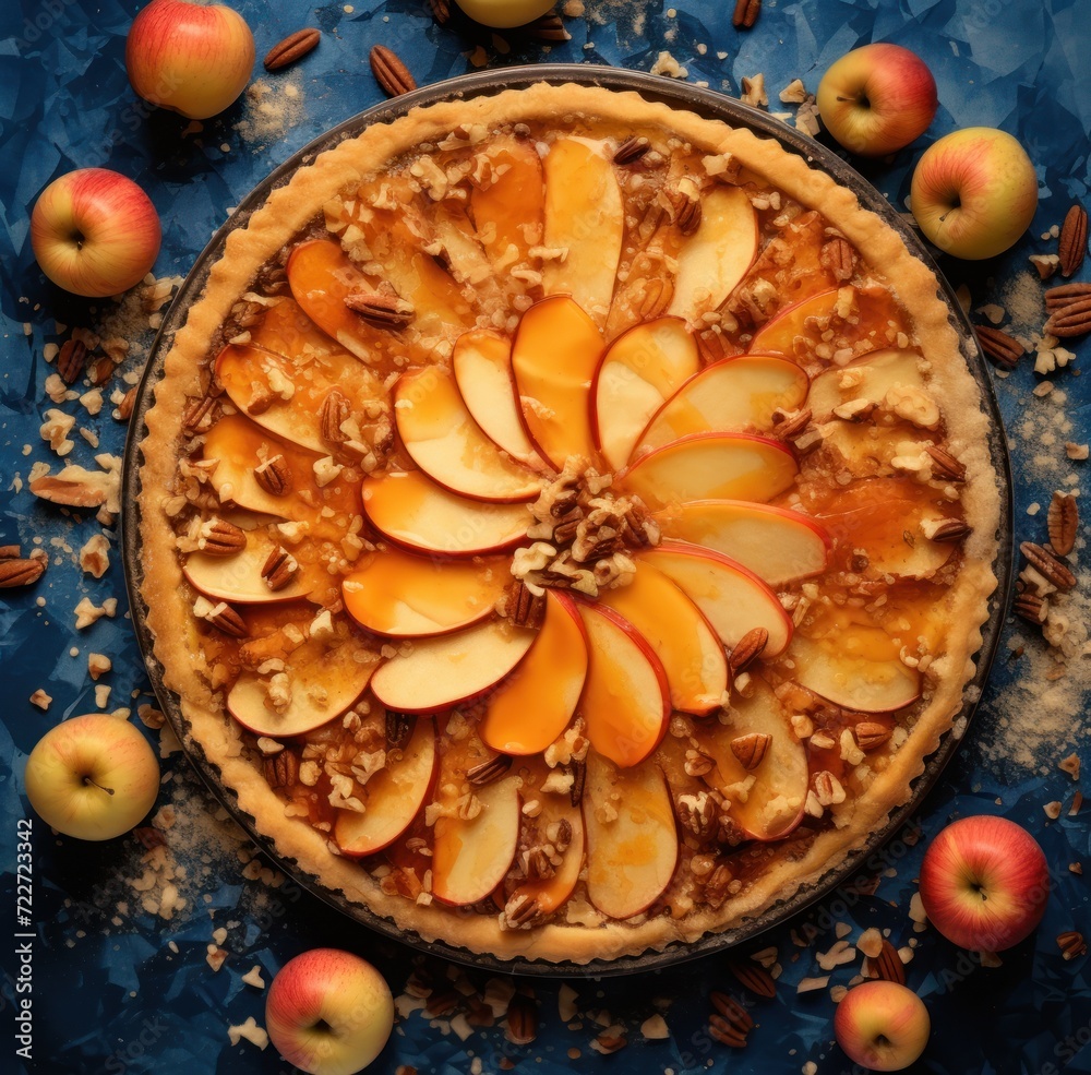 a pie with sliced apples and pecans on a blue surface with a few pieces of pecans around it. a pie with sliced apples and pecans on a blue surface with a few pieces of pecans around it.