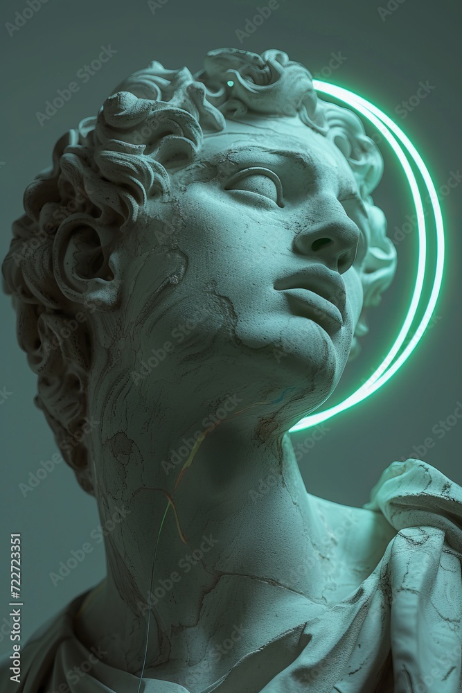 Surreal digital art with one neon green circle around the head, statue of a man - ancient Greek, antiquity, stone statue, Ancient Greece