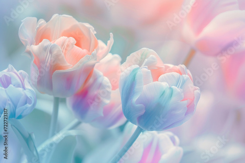 Dreamy and artistic floral background: close-up of colorful  tulips composition with soft and gentle hues background, pestle color theme, bokeh effect... photo