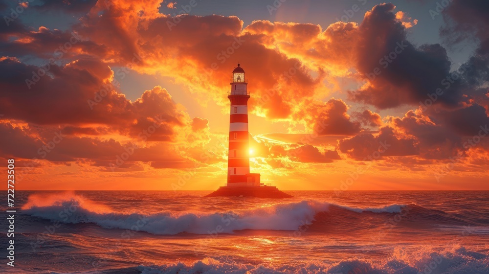  a lighthouse in the middle of a large body of water with a sunset in the background and clouds in the sky.