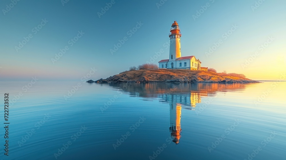  a lighthouse sitting on top of a small island in the middle of a body of water with a sunset in the background.
