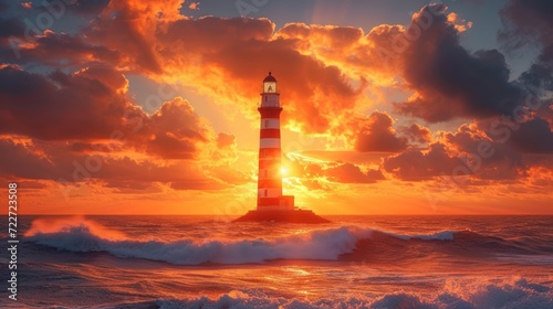  a lighthouse in the middle of a large body of water with a sunset in the background and clouds in the sky.