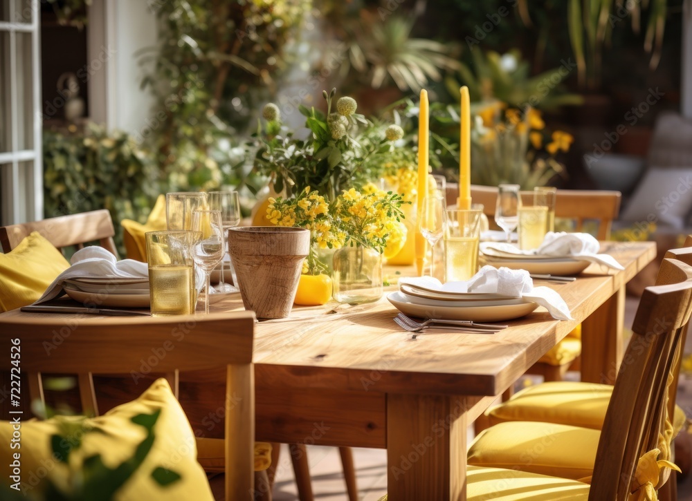  a wooden table topped with yellow chairs next to a yellow vase filled with flowers and a yellow vase filled with yellow flowers.